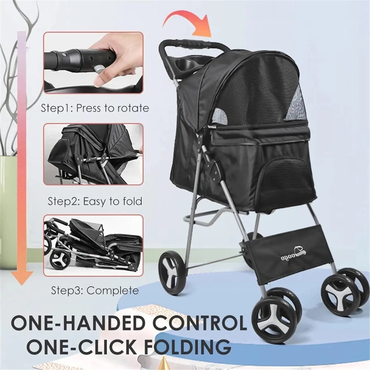 4-Wheel Pet Jogger Stroller with Cup Holder & Storage Basket — Travel Pushchair for Small & Medium Dogs & Cats