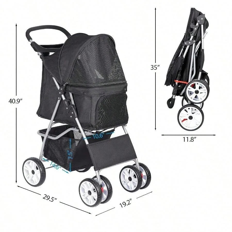 ZENY Foldable 4-Wheel Pet Stroller for Dogs & Cats with Storage Basket & Cup Holder