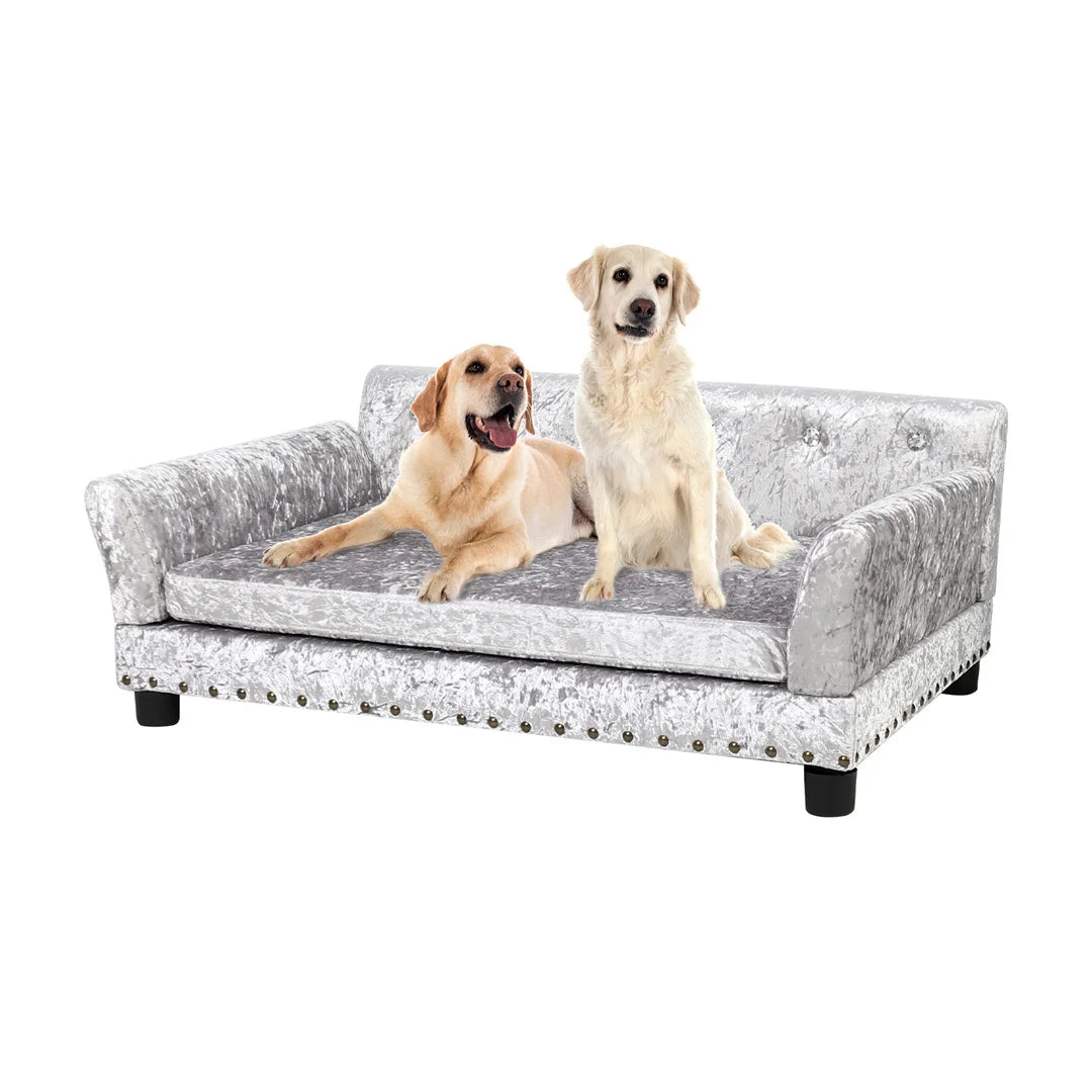 Deluxe Silver Velvet Dog Couch Sofa with Removable Cushion