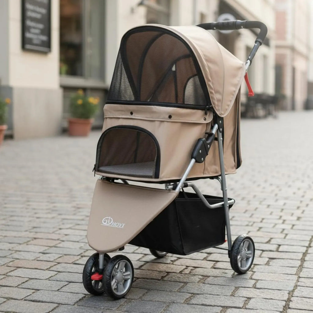 3-Wheel Single-Button Foldable Pet Carriage for Dogs & Cats — Lightweight Breathable Mesh Carrier