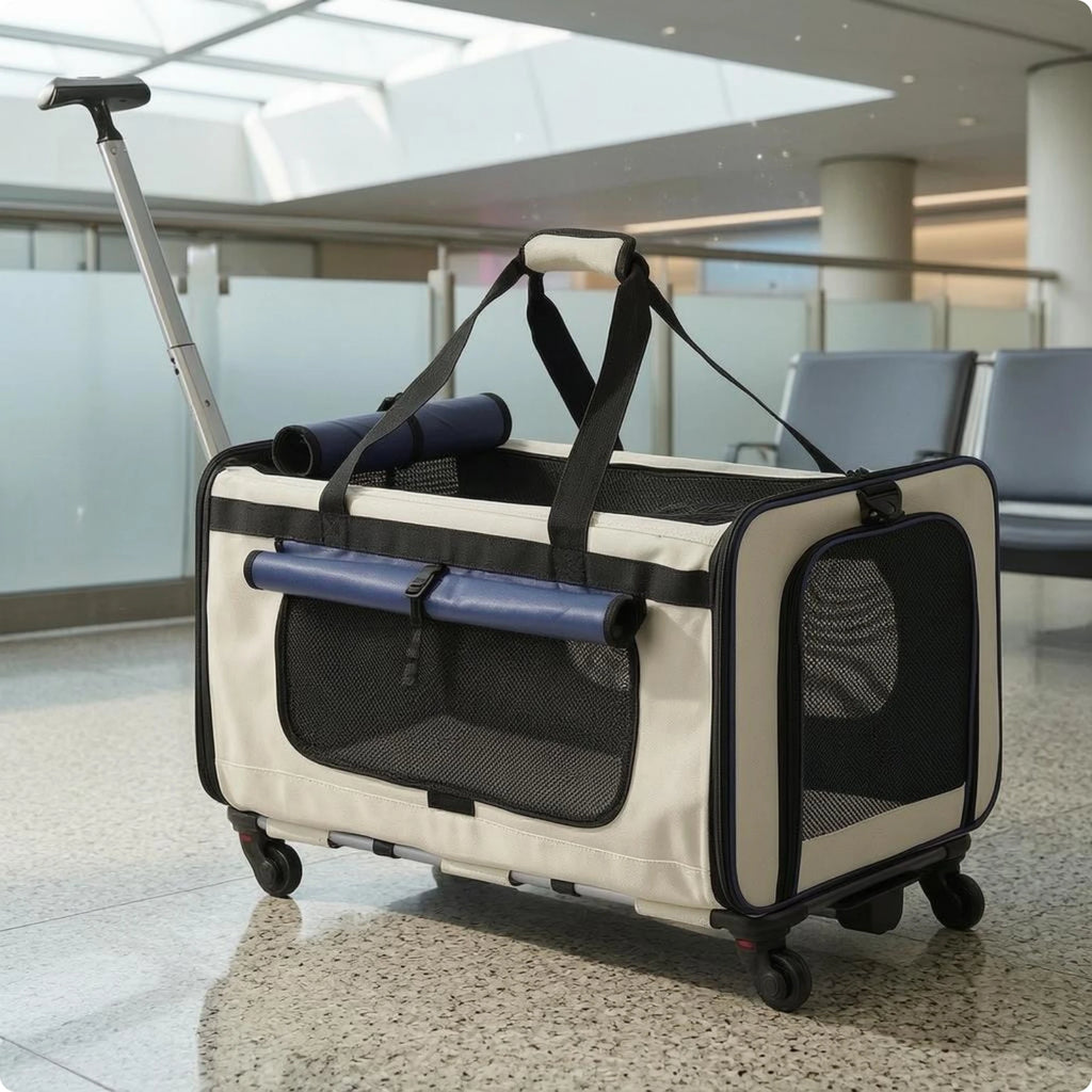 Collapsible Soft-Sided Pet Trolley Carrier with Telescoping Pull Rod & Carry Handles