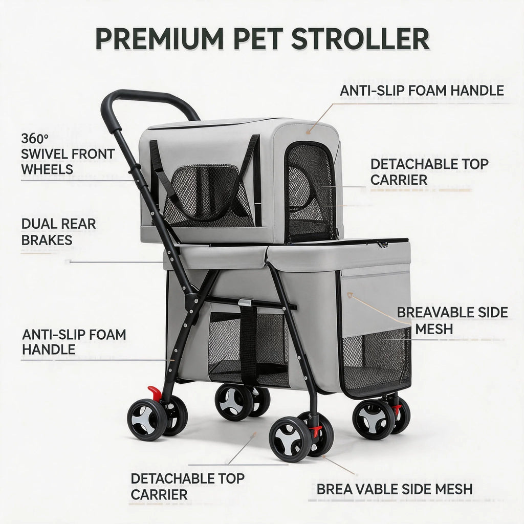Quick-Folding Portable Double Pet Stroller with Detachable Carriers