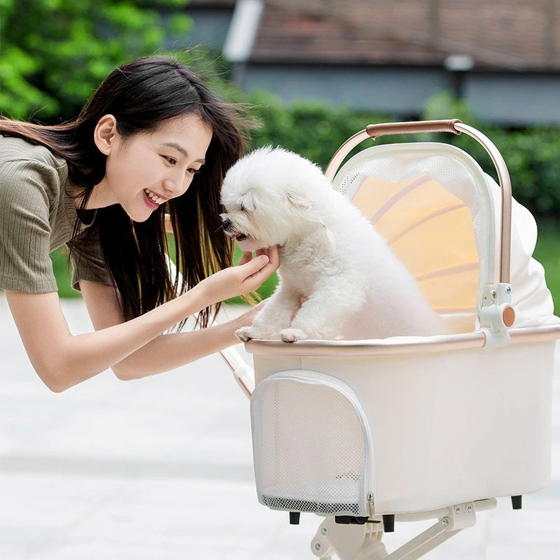 Foldable Waterproof PU High-Landscape Pet Stroller in Milk White — Up to 33 lbs for Dogs