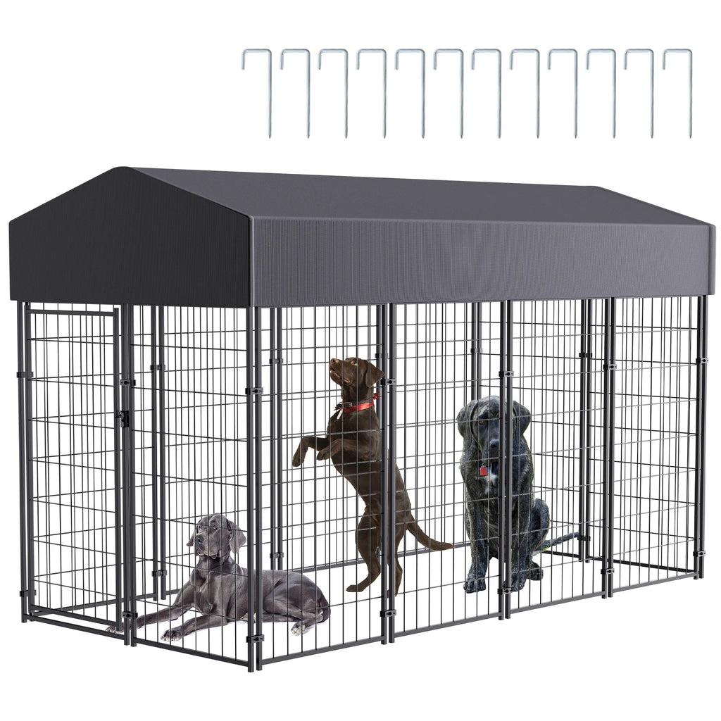 Outdoor Dog Kennel Run with Canopy Cover & Ground Stakes