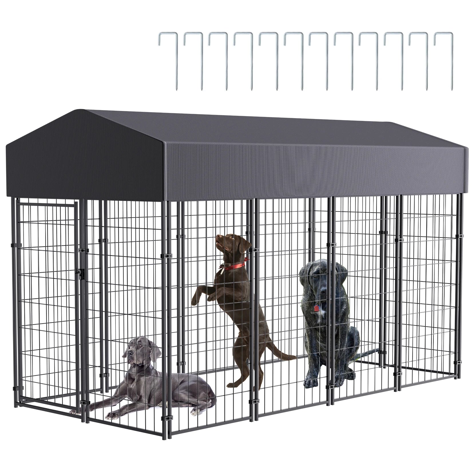 Outdoor Dog Kennel Run with Canopy Cover & Ground Stakes