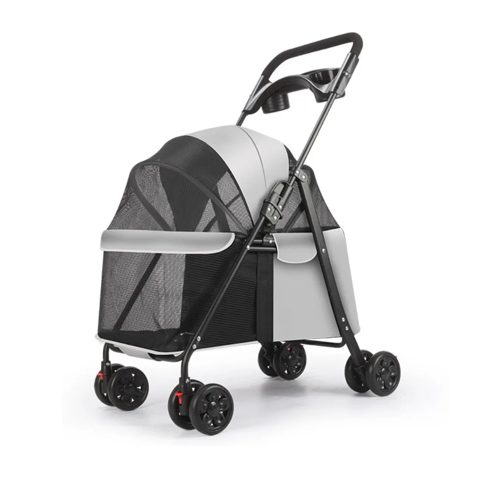 Foldable 4-Wheel Pet Pushchair Stroller with Mesh & Cup Holder for Dogs & Cats