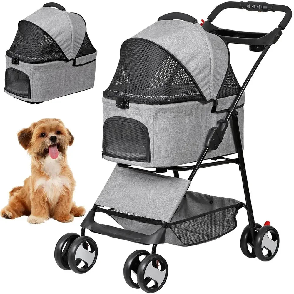 Convertible 3-in-1 Pet Stroller for Dogs and Cats, with 4 Wheels, Removable Basket, Cup Holder, Ideal for Small to Medium Pets (