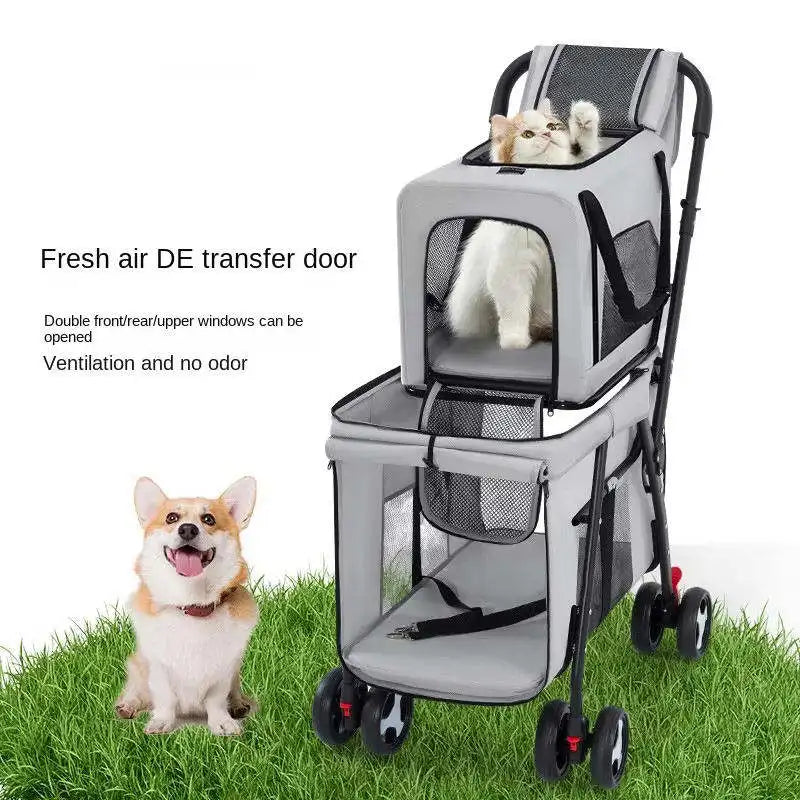 Quick-Folding Double Pet Strolling Cart with Detachable Carriers
