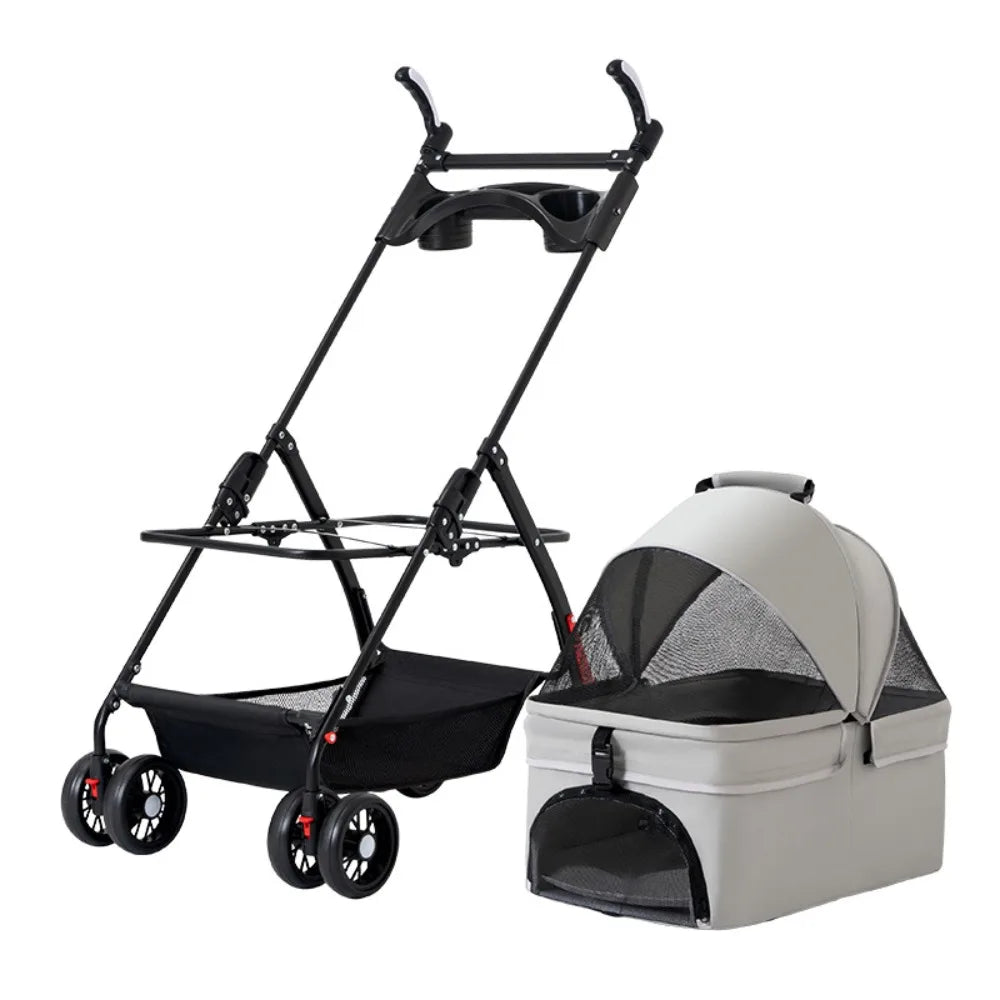 4-Wheel Foldable Dog & Cat Stroller with Cup Holder & Detachable Carrier