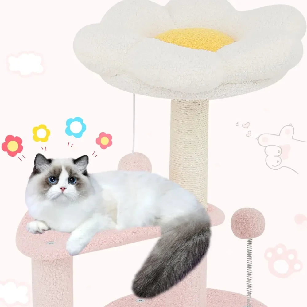 Flower-Themed Cat Activity Tower with Plush Condos