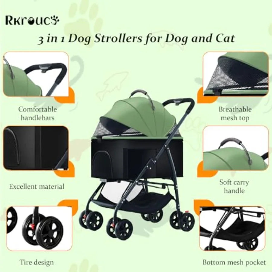 3-in-1 Multifunction 4-Wheel Folding Dog Stroller with Detachable Carrier