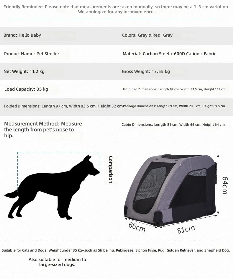 Large High-Capacity Foldable Pet Stroller for Injured & Elderly Cats & Dogs