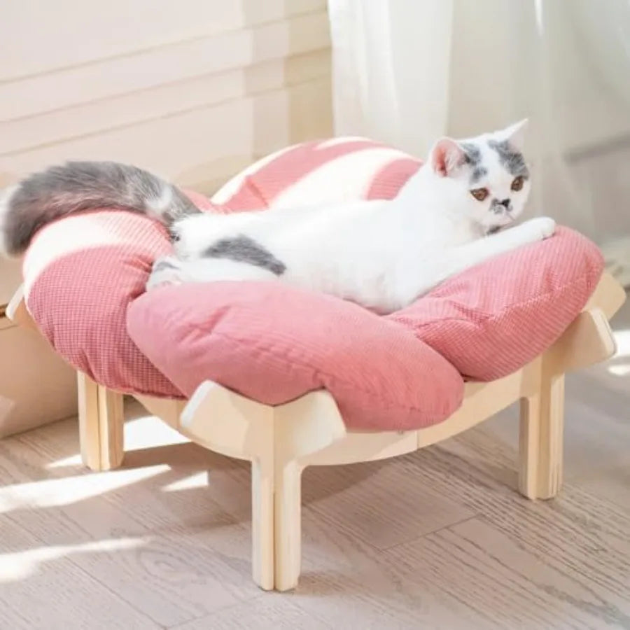 Elevated Wooden Cat Bed with Cushion for Cats & Small Dogs