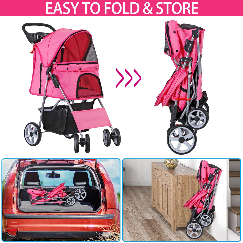 4-Wheel Foldable Pet Stroller with Storage Basket for Dogs & Cats — Lightweight Outdoor Travel Cart