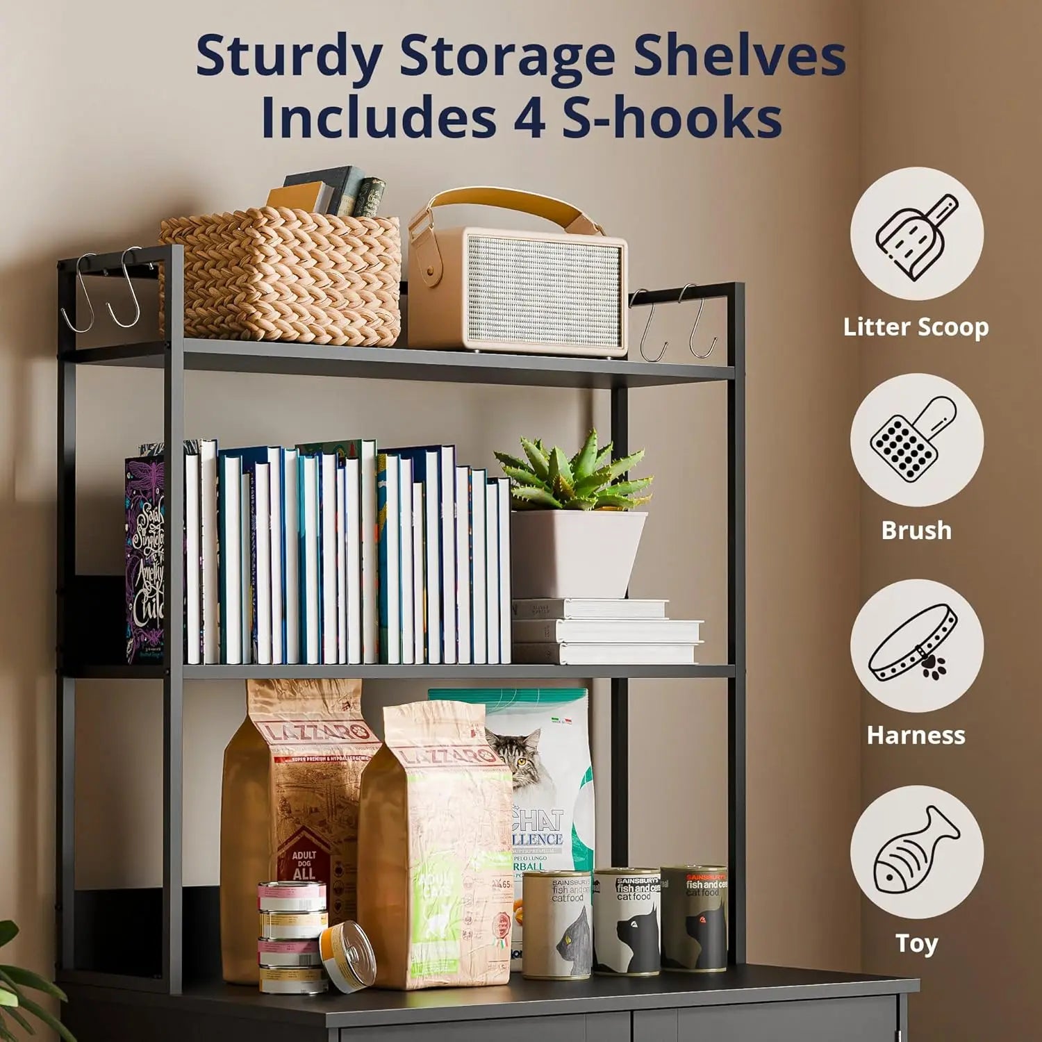 57in Wooden Litter Box Enclosure with Shelves & Hooks