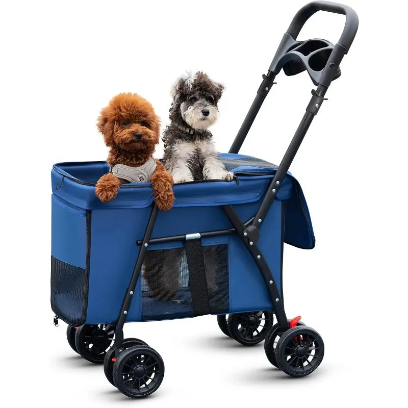 All-Terrain Pet Stroller Pram for 2 Small Dogs & Cats Up to 30 lbs — Foldable with Storage Basket & Cup Holder
