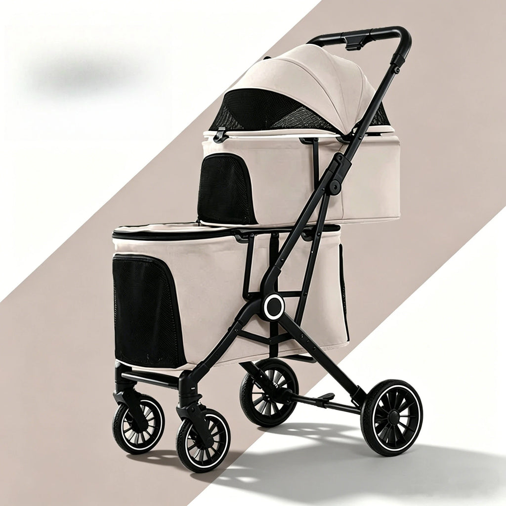 Foldable Double Pet Stroller for Medium Dogs & Cats — 4 Lockable Wheels, Safety Belts, Multi-Pet Carriage