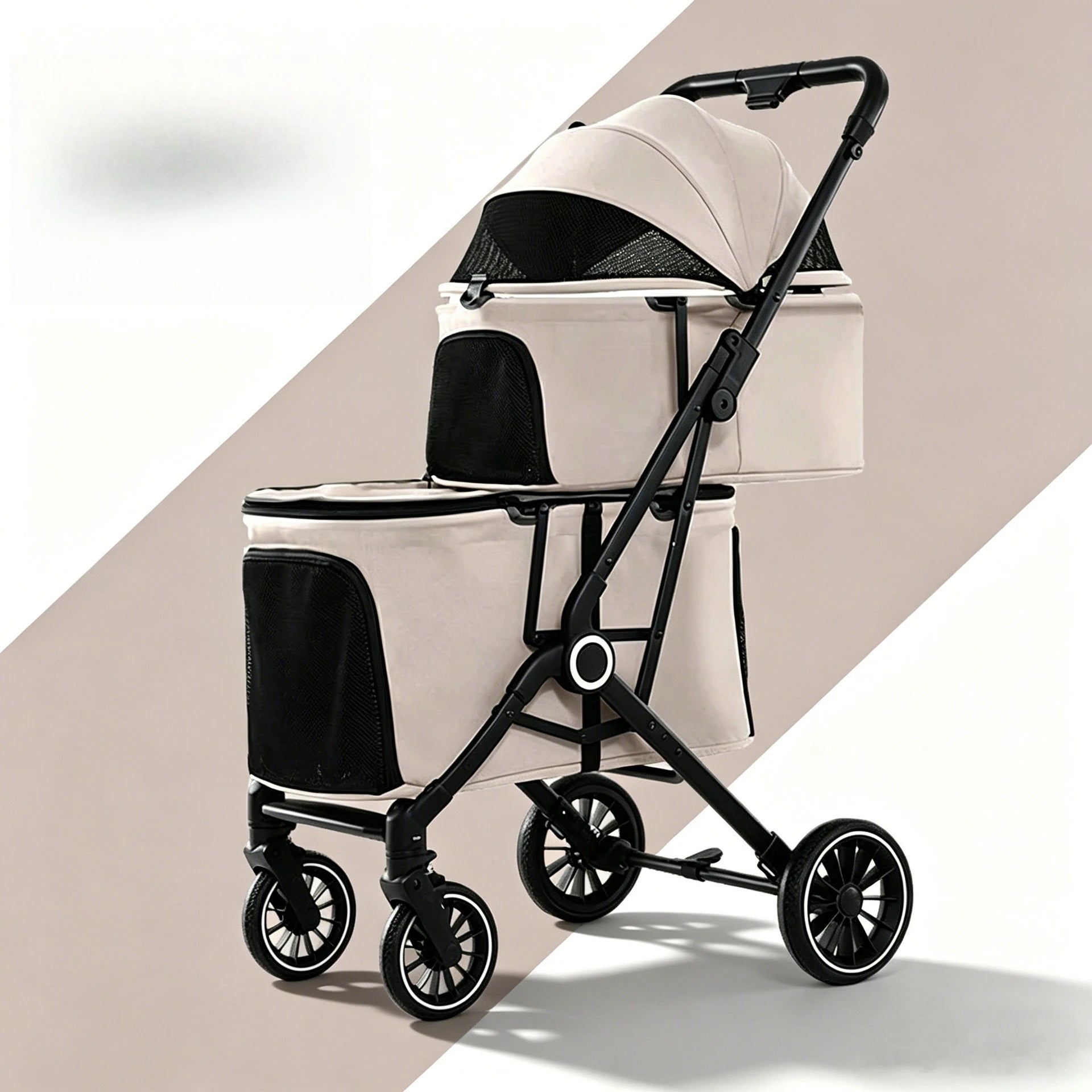 Foldable Double Pet Stroller for Medium Dogs & Cats — 4 Lockable Wheels, Safety Belts, Multi-Pet Carriage