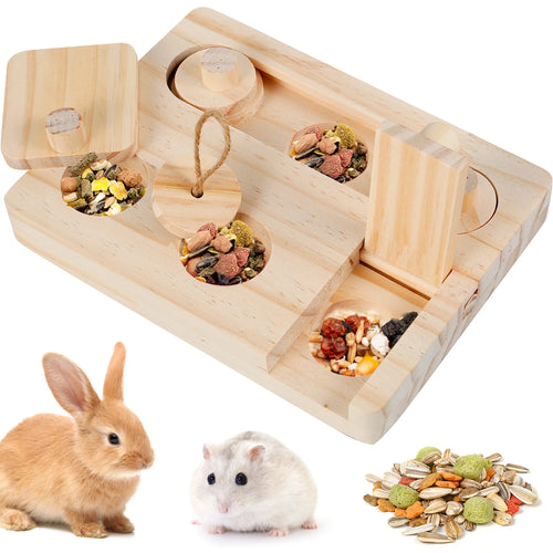 6-in-1 Wooden Foraging Puzzle Toy — Treat Feeder for Hamsters & Guinea Pigs