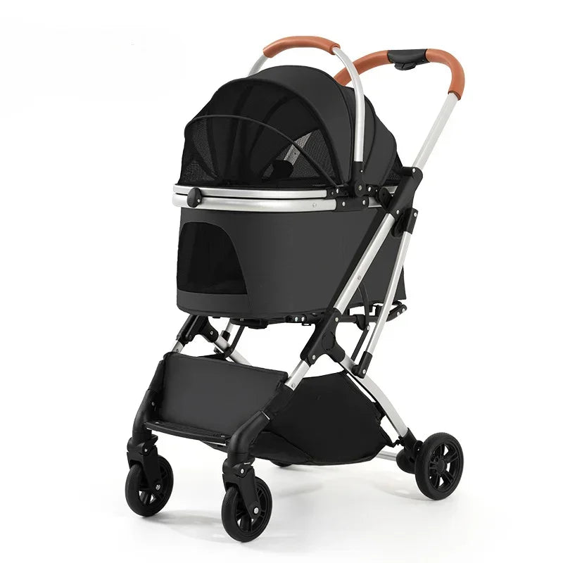 Multi-Ventilated High-View Pet Stroller with Detachable Basket & Car Travel Bag
