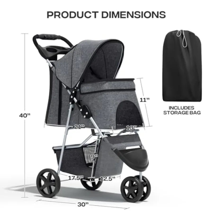 Multi-Capacity 3-Wheel Foldable Jogger Pet Stroller — Fits Small Dogs up to 10 lbs, Medium Dogs up to 30 lbs