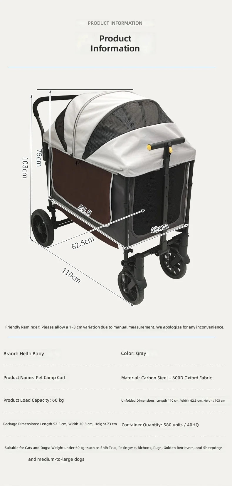 Large-Space Push & Pull Pet Stroller for Dogs & Cats — Outdoor Travel Cart with Dual-Direction Design