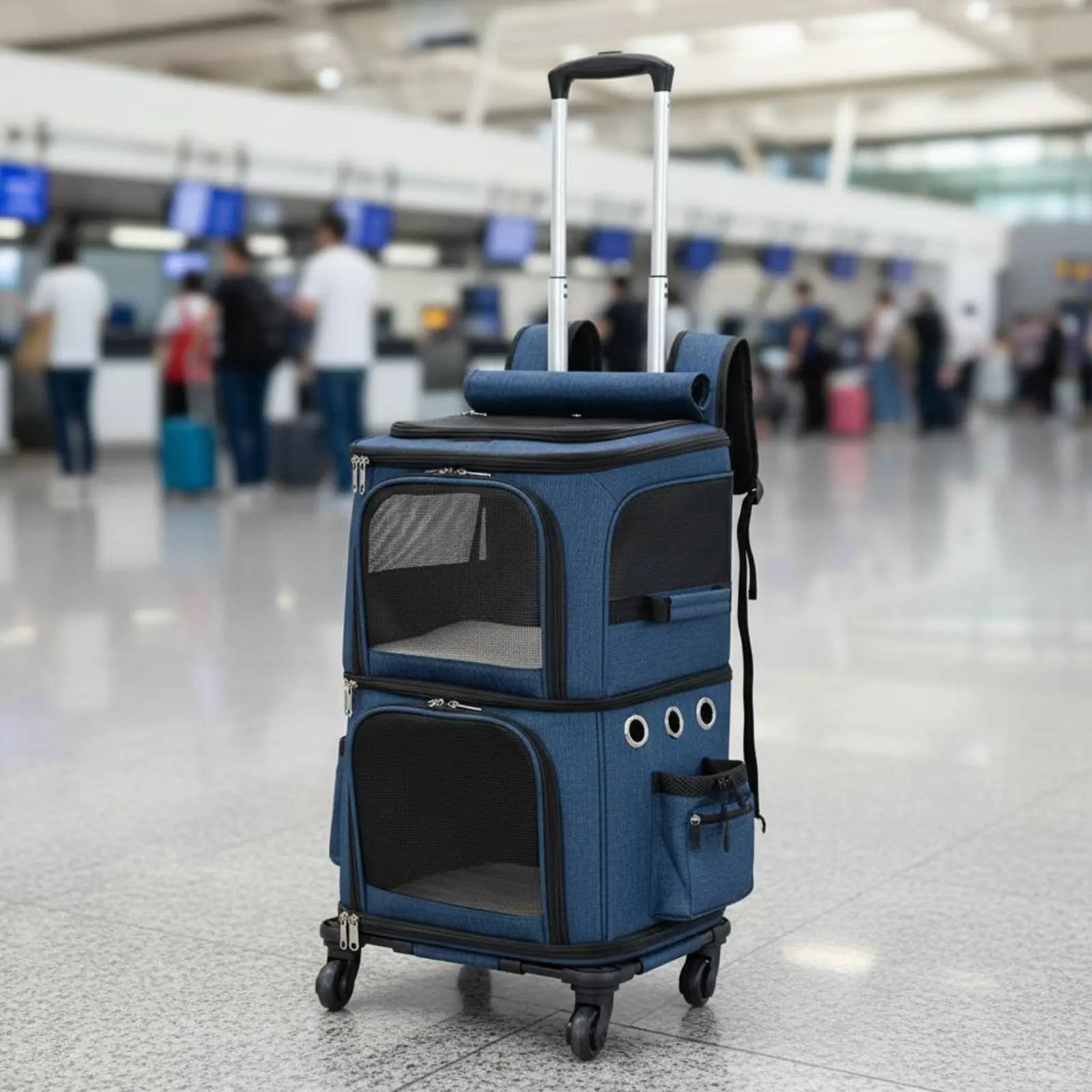Double-Deck Breathable Pet Trolley Carrier Bag with Side Pockets & Scratch-Resistant Exterior
