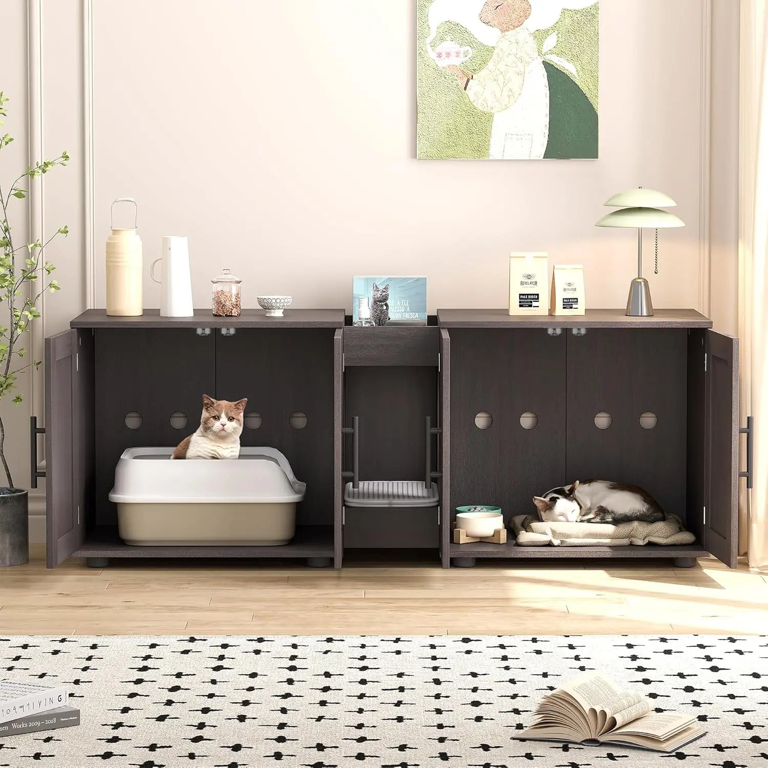 3-in-1 Wooden Cat Litter Box Cabinet with Scratching Pad