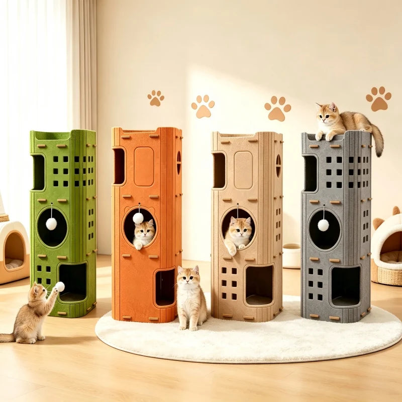 Multi-Layer Cylindrical Cat Castle with Play Holes