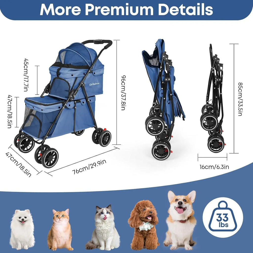 Lightweight Folding Double Pet Stroller for 2 Dogs or Cats with 4 Lockable Wheels