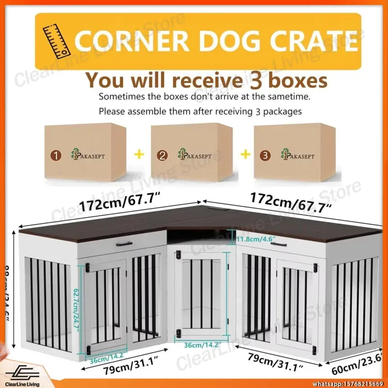 Wooden Dog Crate Furniture with Storage Drawers & Power Outlet