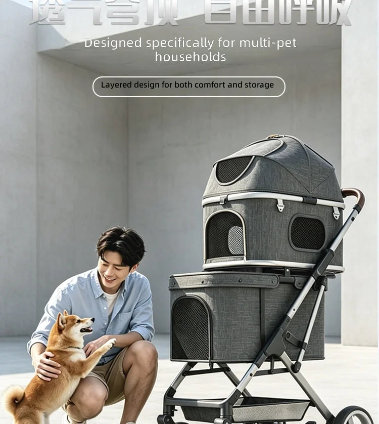 Double-Layer Foldable Lightweight Pet Stroller for Dogs & Cats — Portable Outdoor Travel Carriage