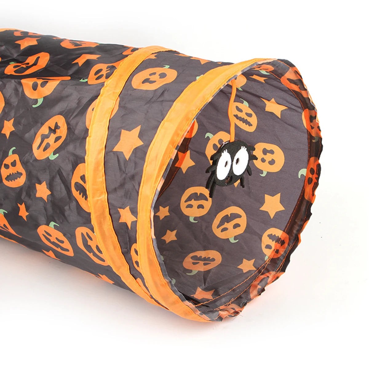 Halloween Pumpkin Cat Play Tunnel — Foldable Crinkle Pet Tunnel with Toy Attachment