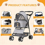 Convertible 3-in-1 Pet Stroller for Dogs and Cats, with 4 Wheels, Removable Basket, Cup Holder, Ideal for Small to Medium Pets (