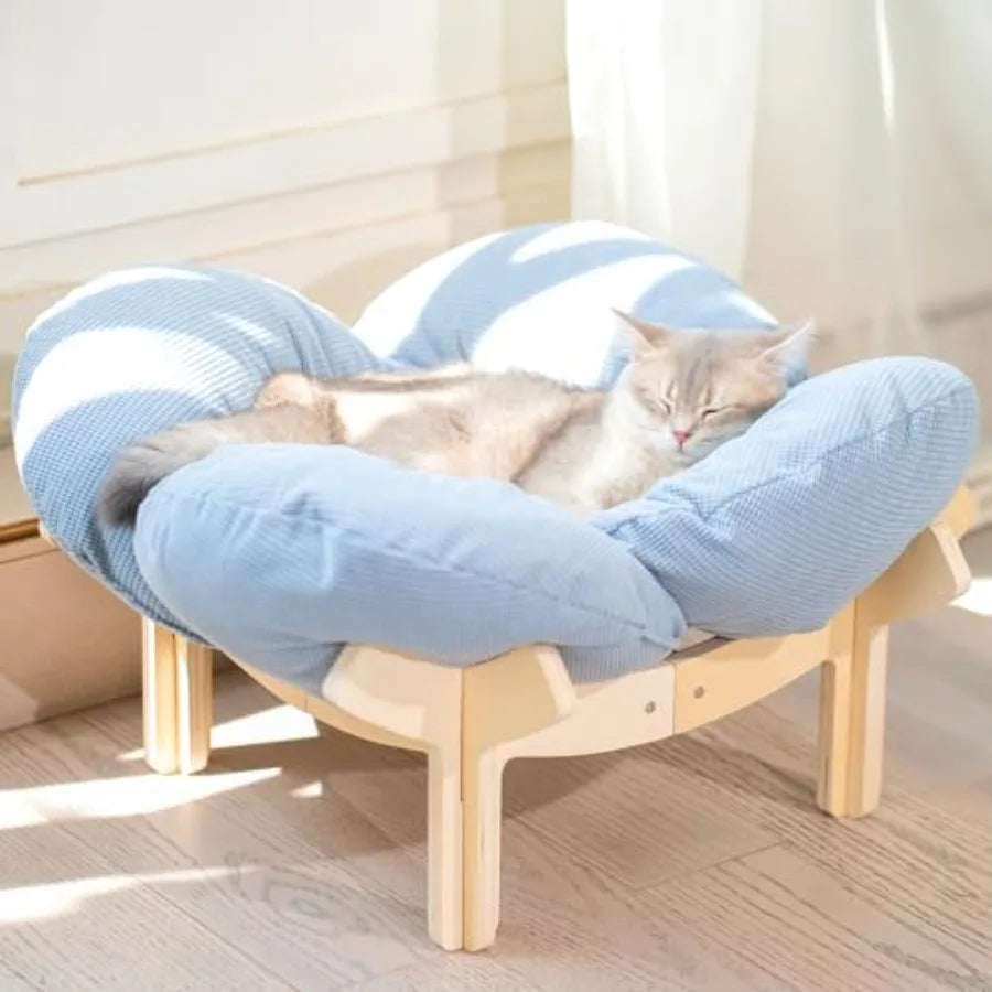 Elevated Wooden Cat Bed with Cushion for Cats & Small Dogs