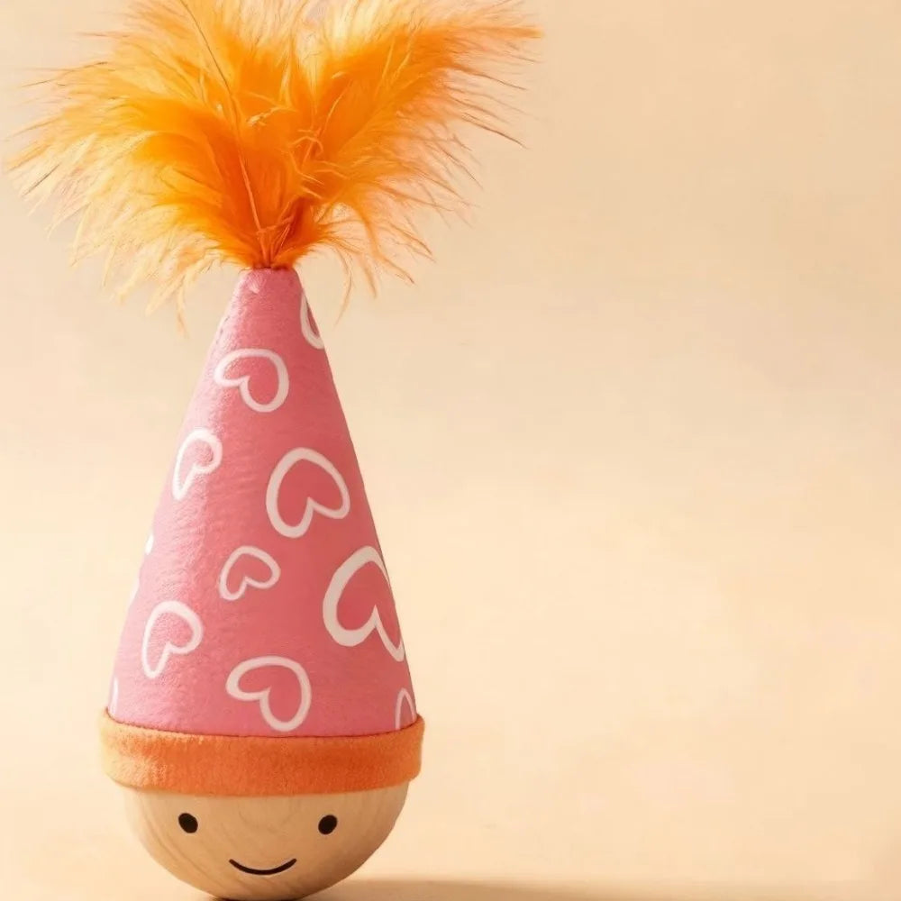 Self-Balancing Turkey Feather Cat Tumbler — Wood Base Interactive Toy