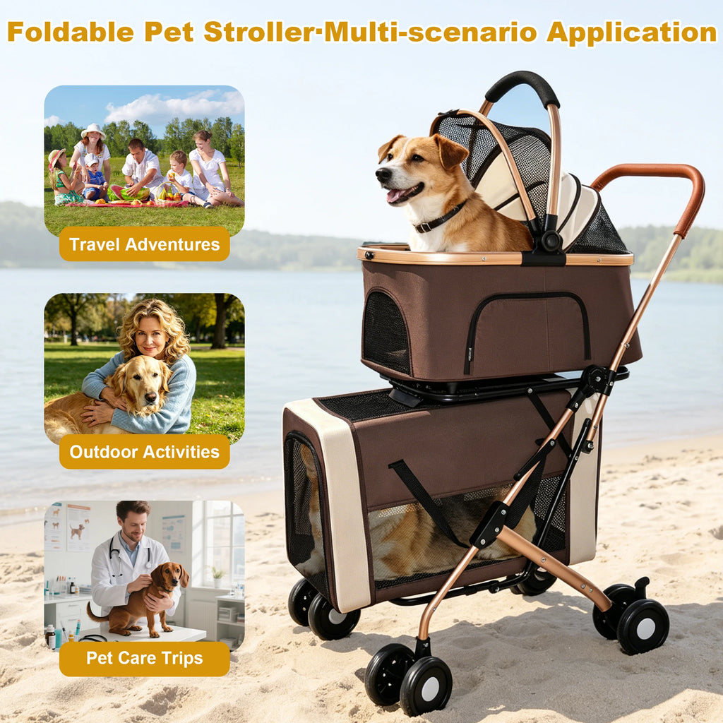 Double Pet Stroller for Dogs & Cats — Foldable 3-in-1 Convertible Carrier with Shockproof Wheels & Brake