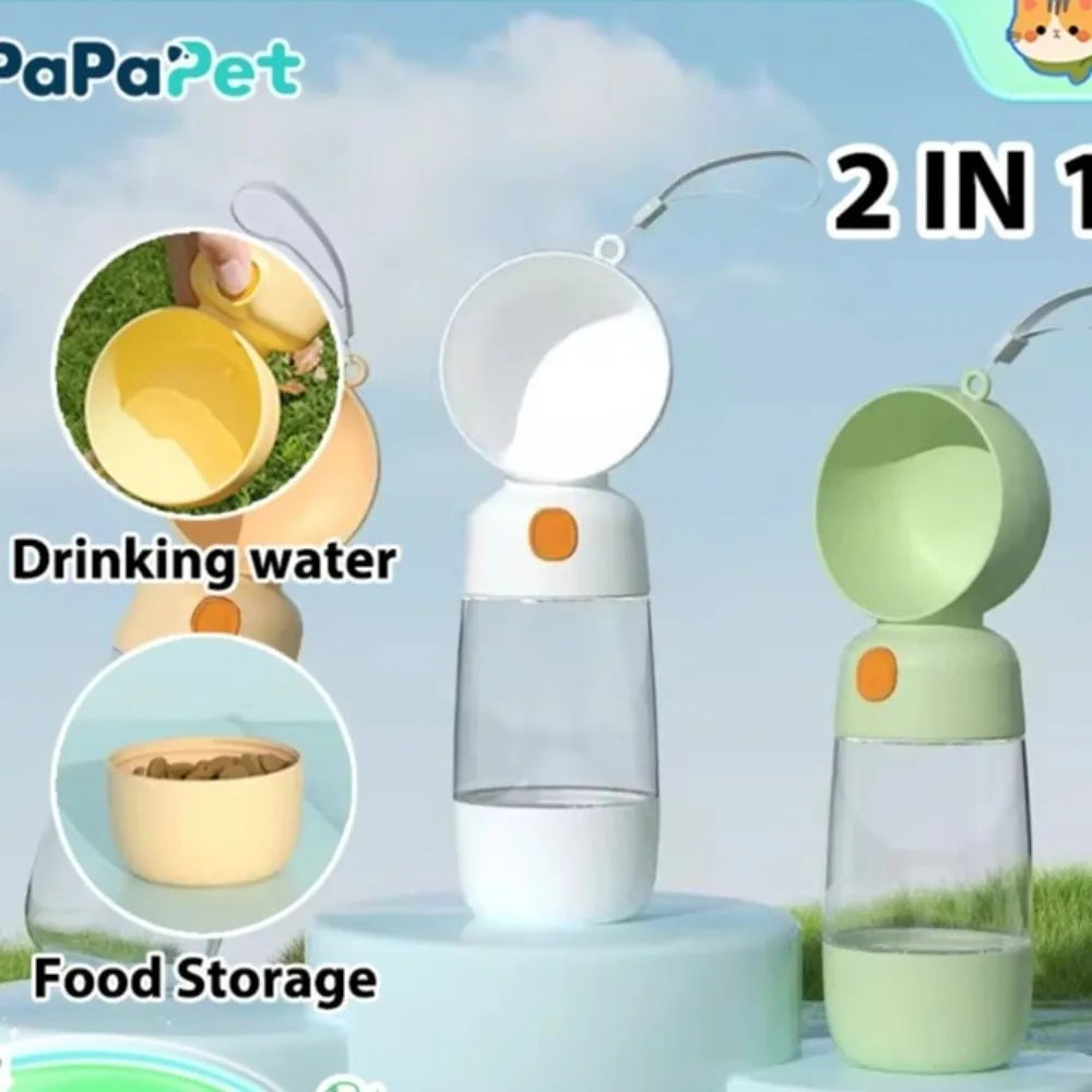 2-in-1 Pet Water Bottle with Food Container (Transparent, Easy Clean)