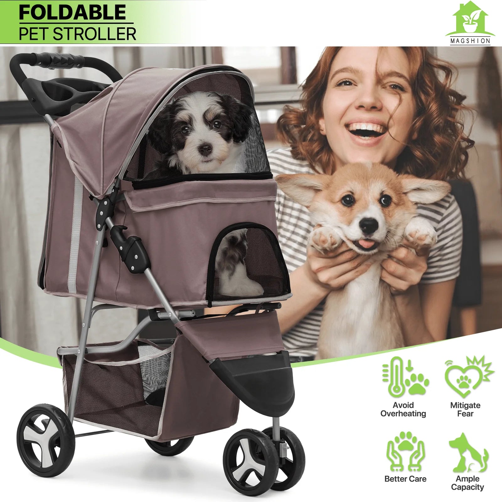 Magshion Foldable 3-Wheel Pet Jogger Stroller with Storage Basket & Cup Holder