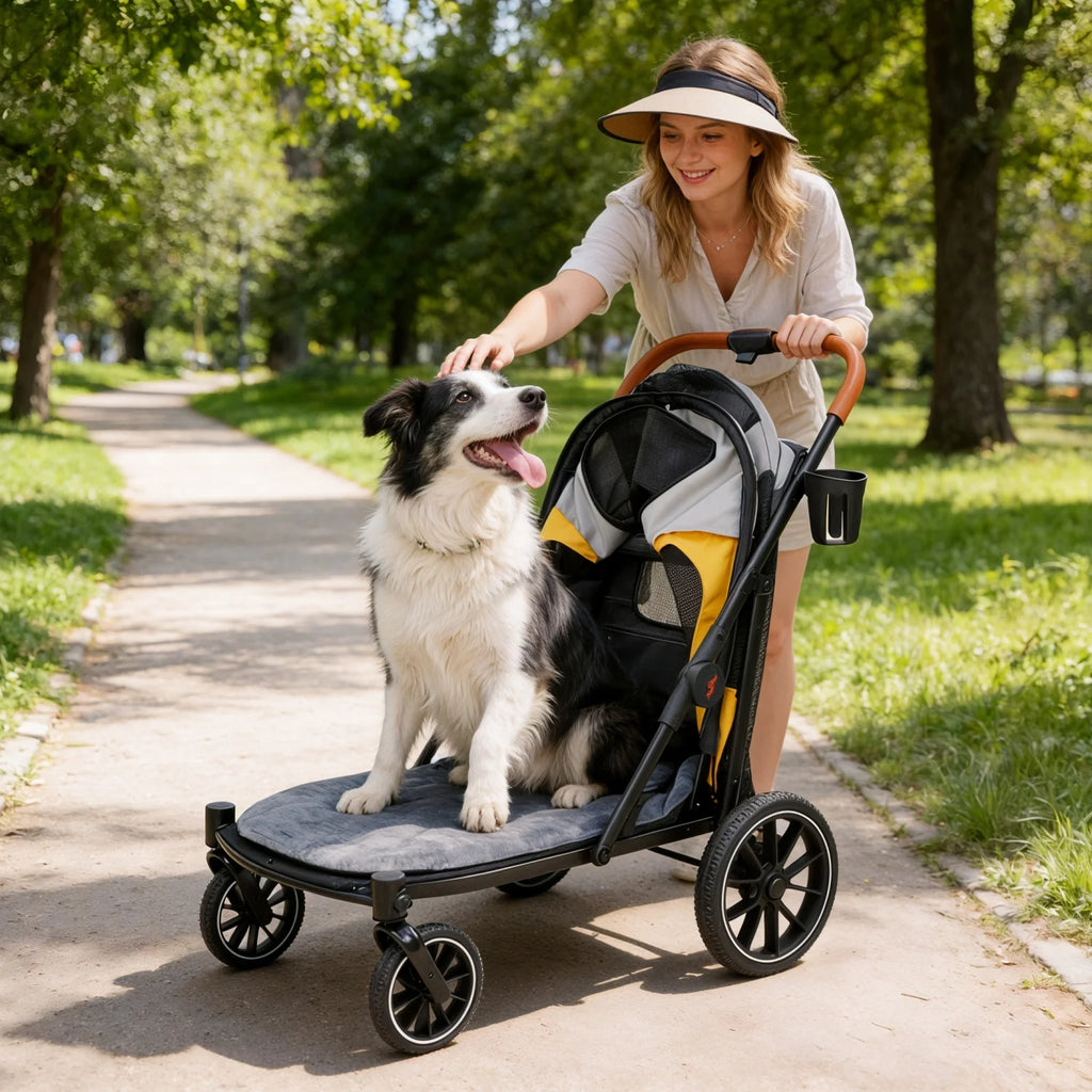 One-Click Folding 4-Wheel Jogger Wagon Stroller for Large Dogs with Storage Pockets