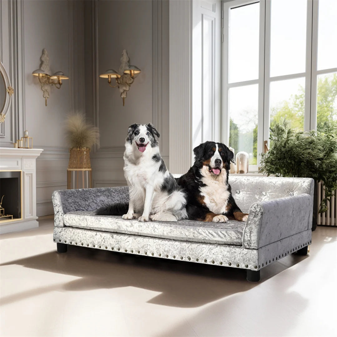 Deluxe Silver Velvet Dog Couch Sofa with Removable Cushion