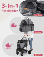 4-Wheel Folding Breathable Pet Stroller with Detachable Carrier for Small & Medium Dogs & Cats — Grey