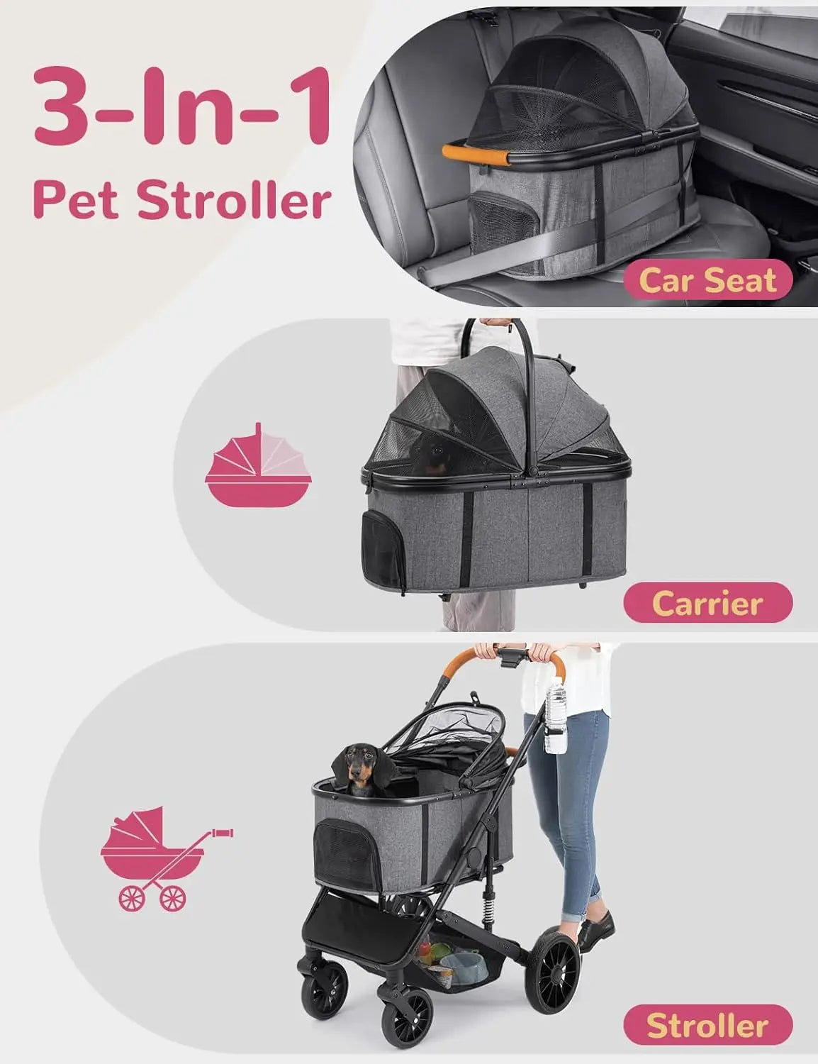 4-Wheel Folding Breathable Pet Stroller with Detachable Carrier for Small & Medium Dogs & Cats — Grey