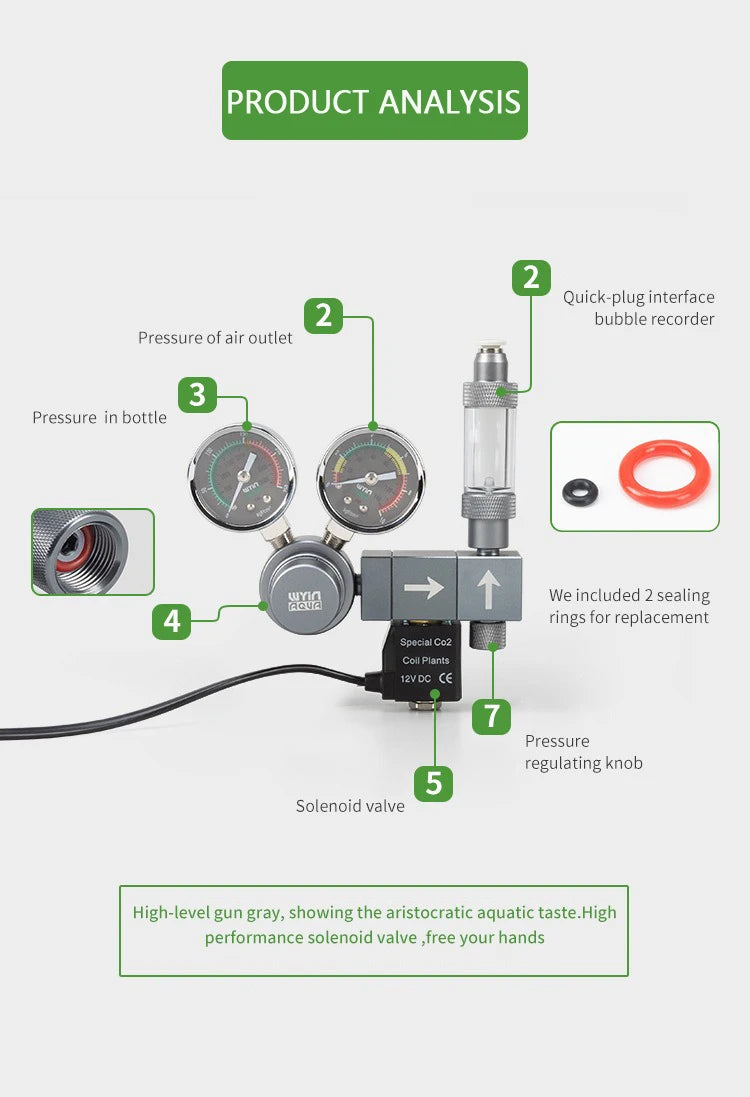 Aquarium CO2 Pressure Regulator with Solenoid Valve (Bubble Meter, Quick-Connect)