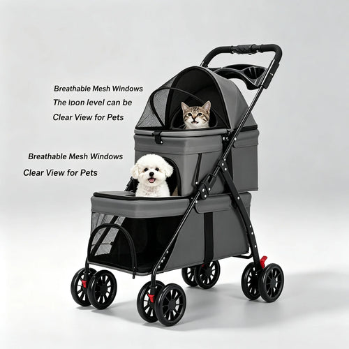 Folding Double Pet Stroller 4 Wheels Breathable Mesh Travel Carrier Wagon for 2 Small Dogs Cats Outdoor Walking