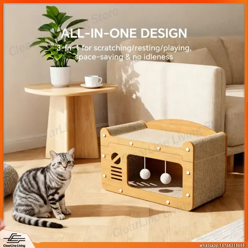 3-in-1 Cat Scratcher House with Bed & Play Cave