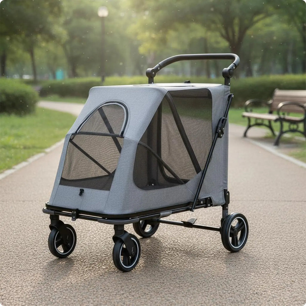 Foldable Large Dog Wagon Stroller with Breathable Mesh — Rolling Travel & Shopping Carrier