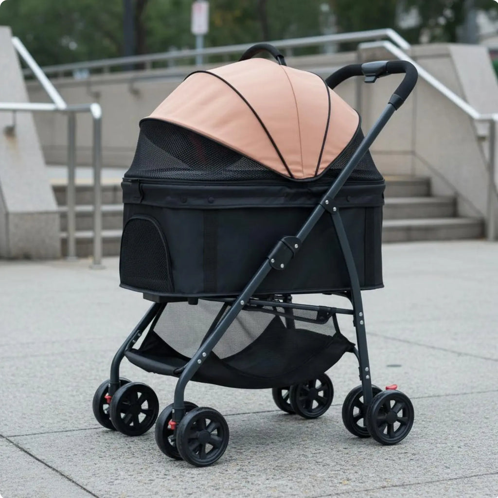 Foldable Pet Transport Stroller with Full-Rotation Wheels & Detachable Carrier — Lightweight Dog & Cat Carriage with Storage