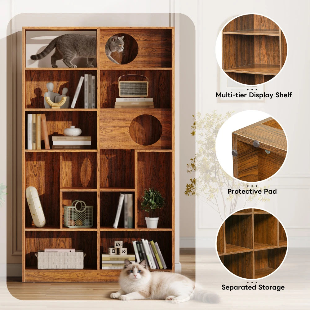 2-in-1 Wood Cat House Bookshelf with Litter Box Enclosure