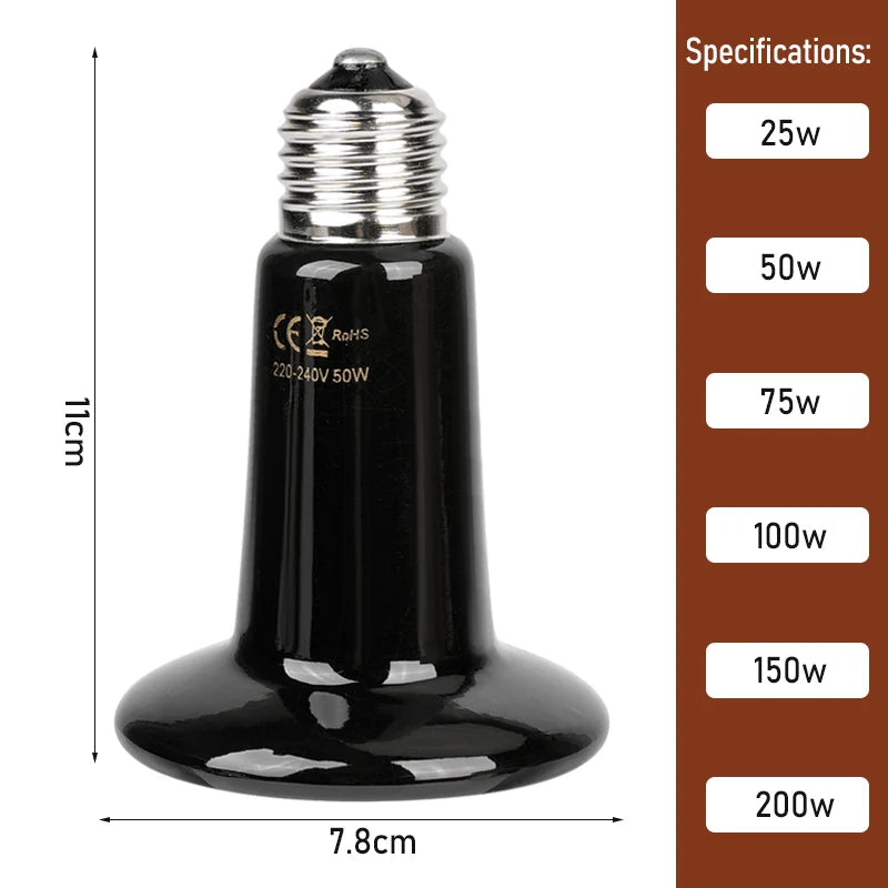 No-Light Ceramic Heat Bulb — Far-Infrared E27 Heater, 25W-200W, Small & Big Sizes
